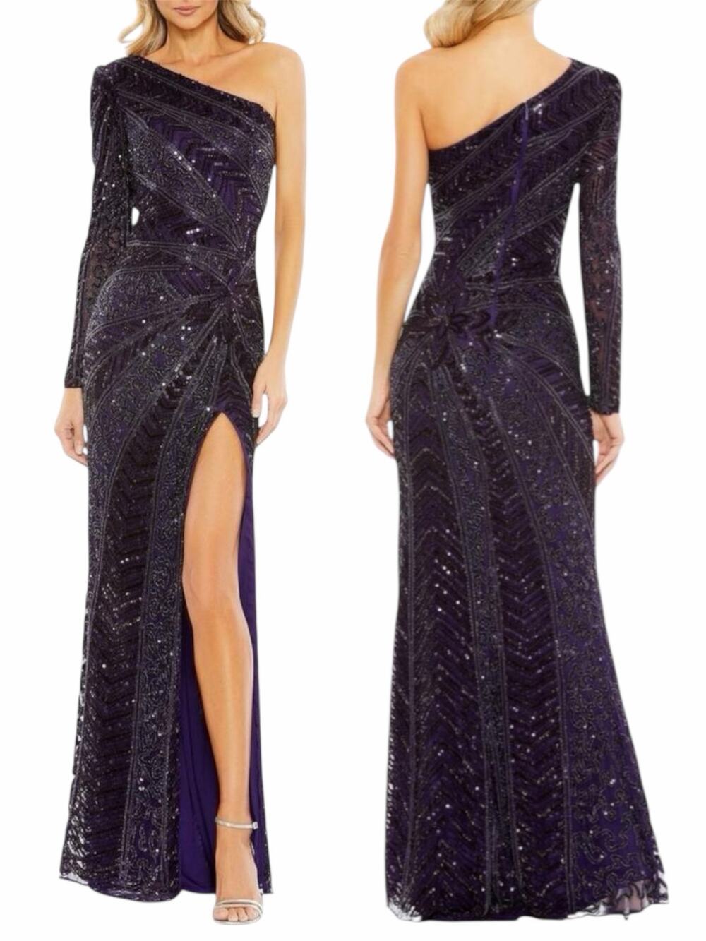 Mac Duggal Beaded One Shoulder Evening Gown Aubergine 5649 Size 6